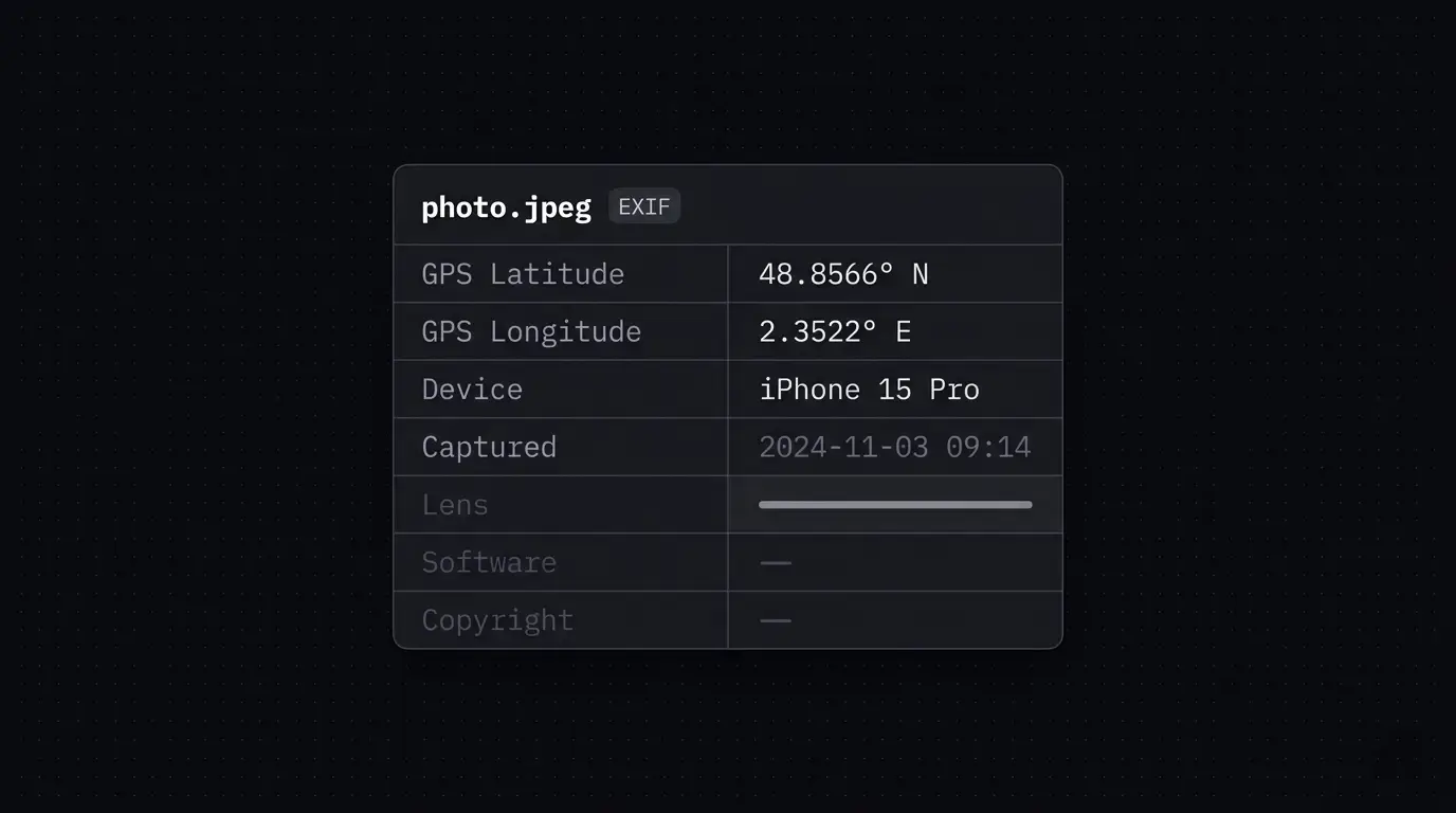 EXIF metadata panel showing GPS coordinates and device information embedded in a JPEG photo