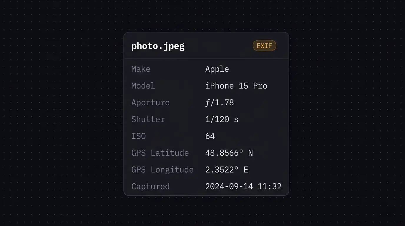 EXIF metadata panel showing camera settings, GPS coordinates and timestamps extracted from a JPEG photo